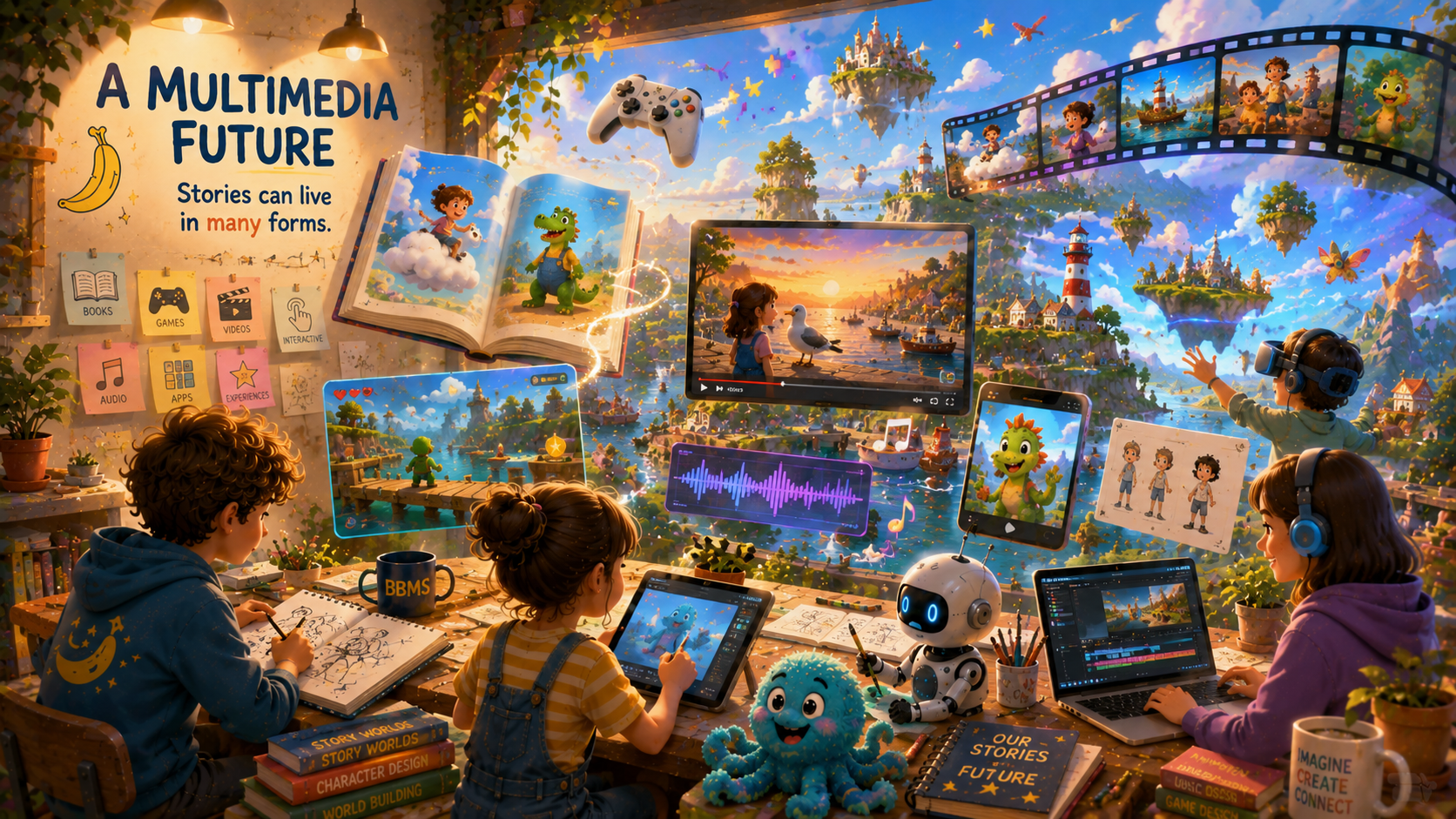 A vibrant multimedia creative environment blending stories, games, and interactive experiences