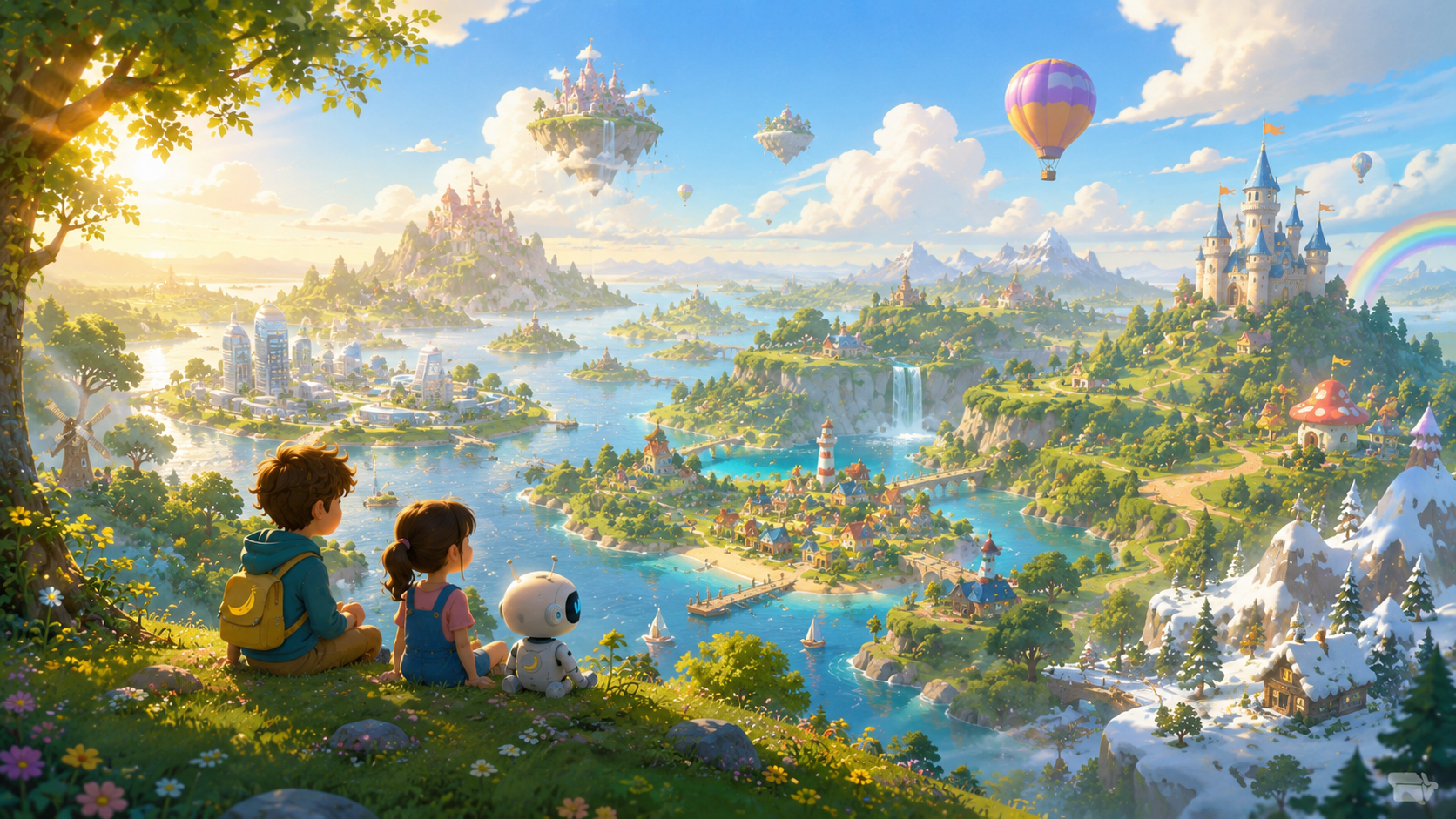 A cinematic landscape of story worlds stretching toward the horizon