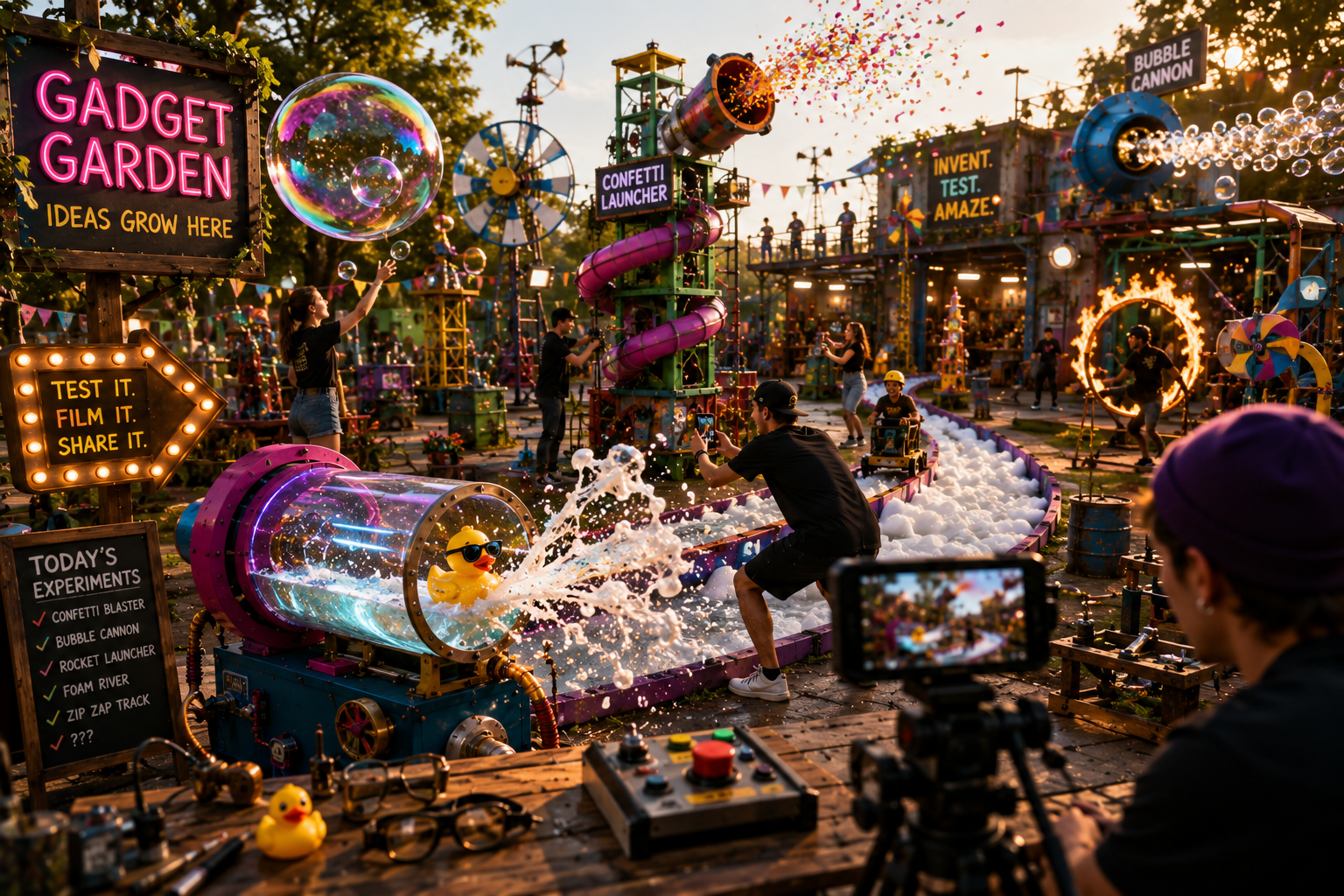 A colorful experimentation playground with confetti launchers and kinetic sculptures