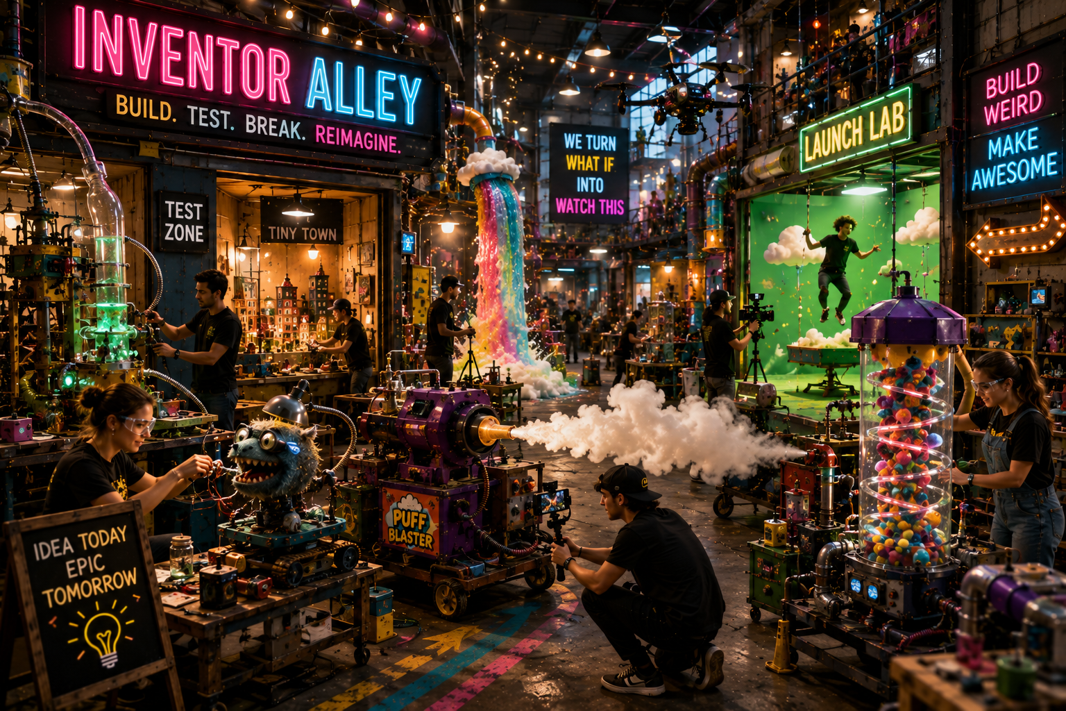 A creative corridor with rolling invention carts and active test zones