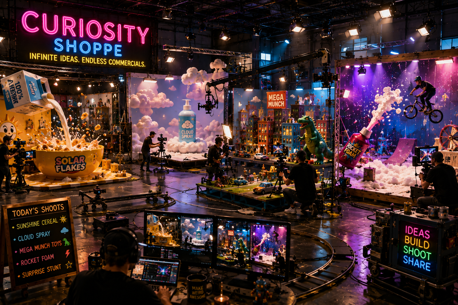 Multiple miniature production stages with colorful cinematic environments