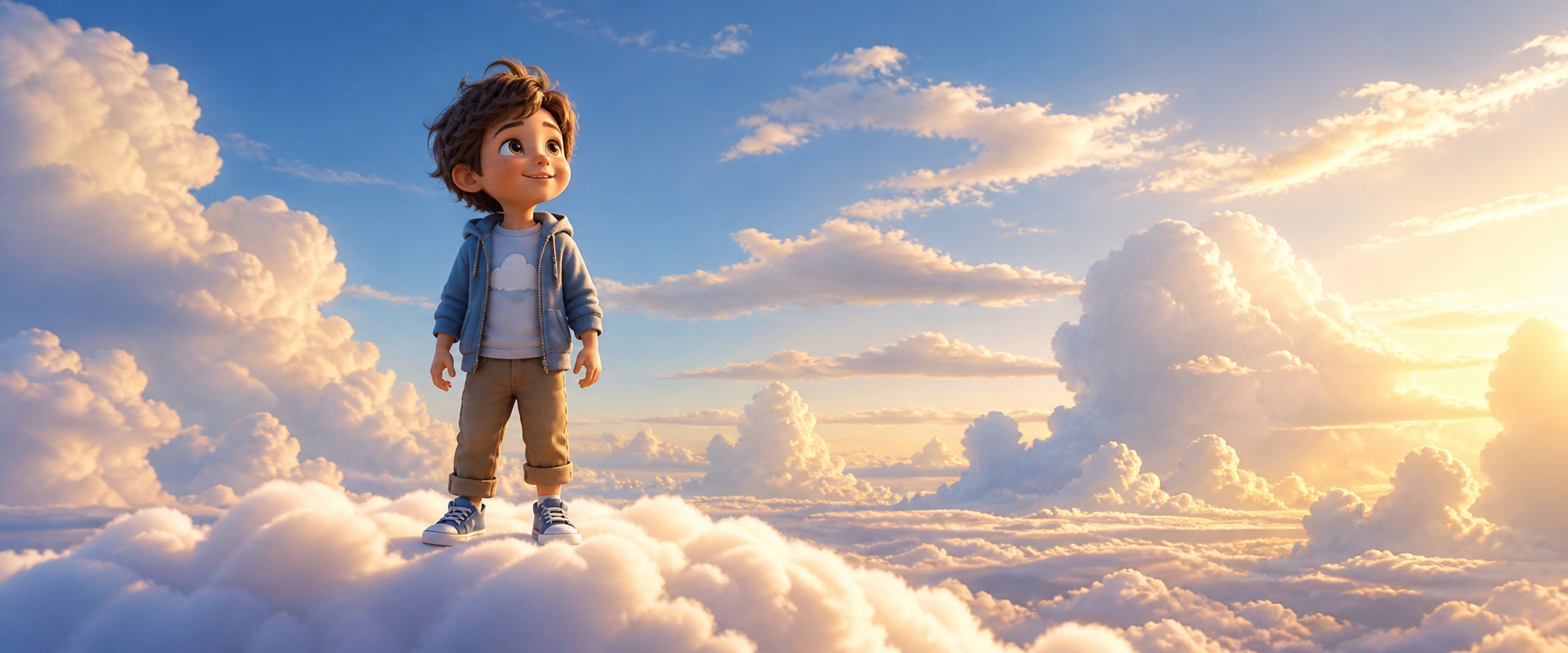A child standing on a floating cloud in a bright sky