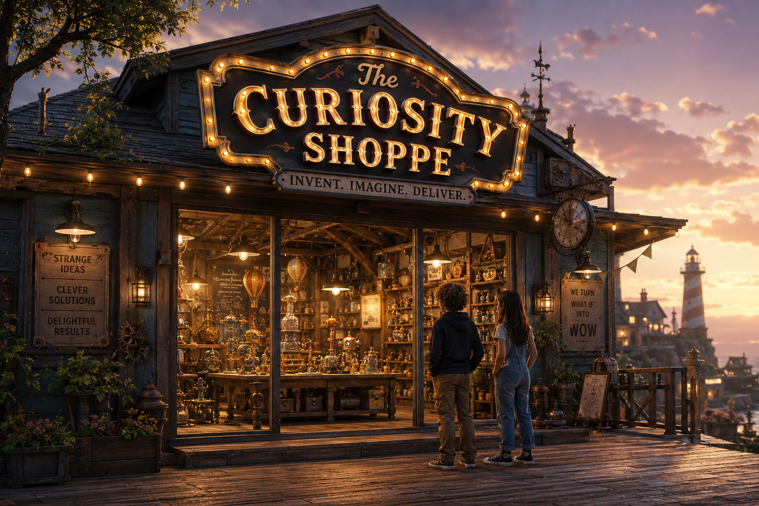 A colorful cinematic invention studio filled with miniature worlds and practical effects