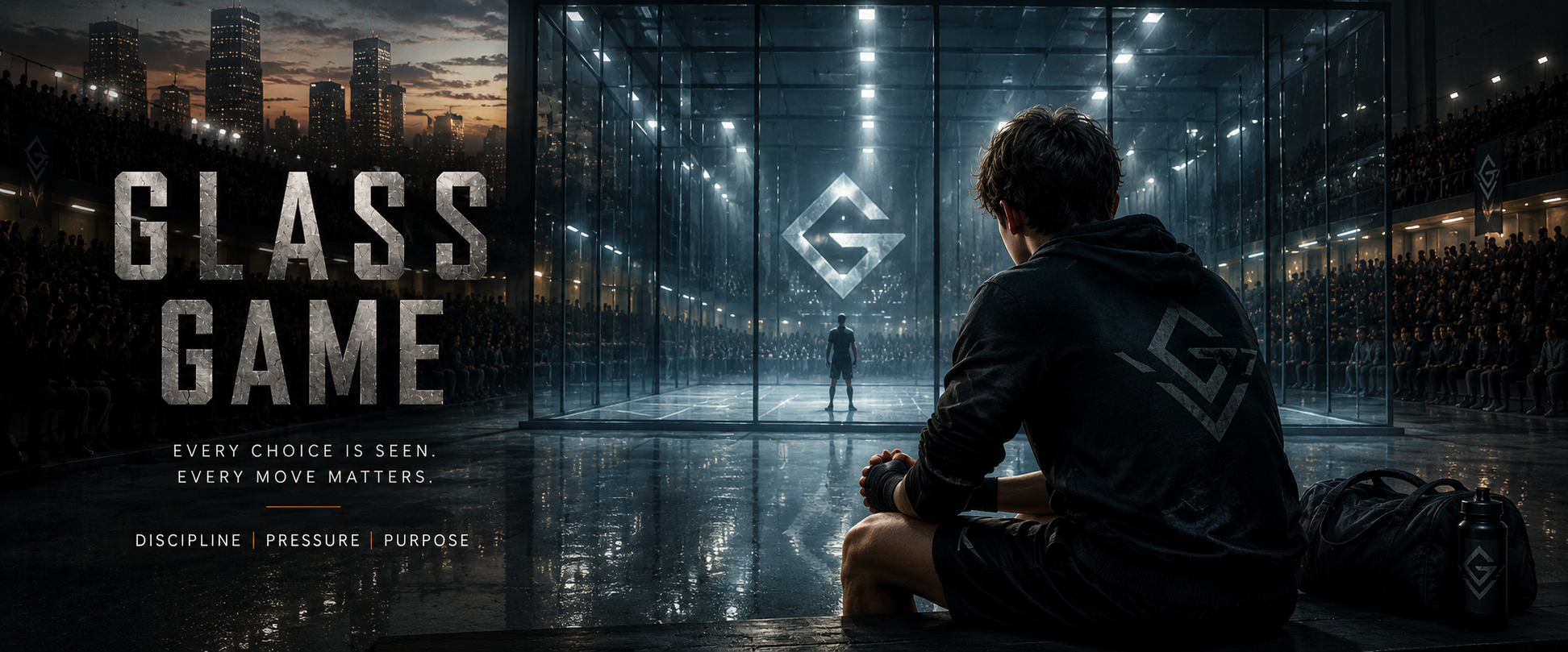 A glass arena under bright lights with transparent walls