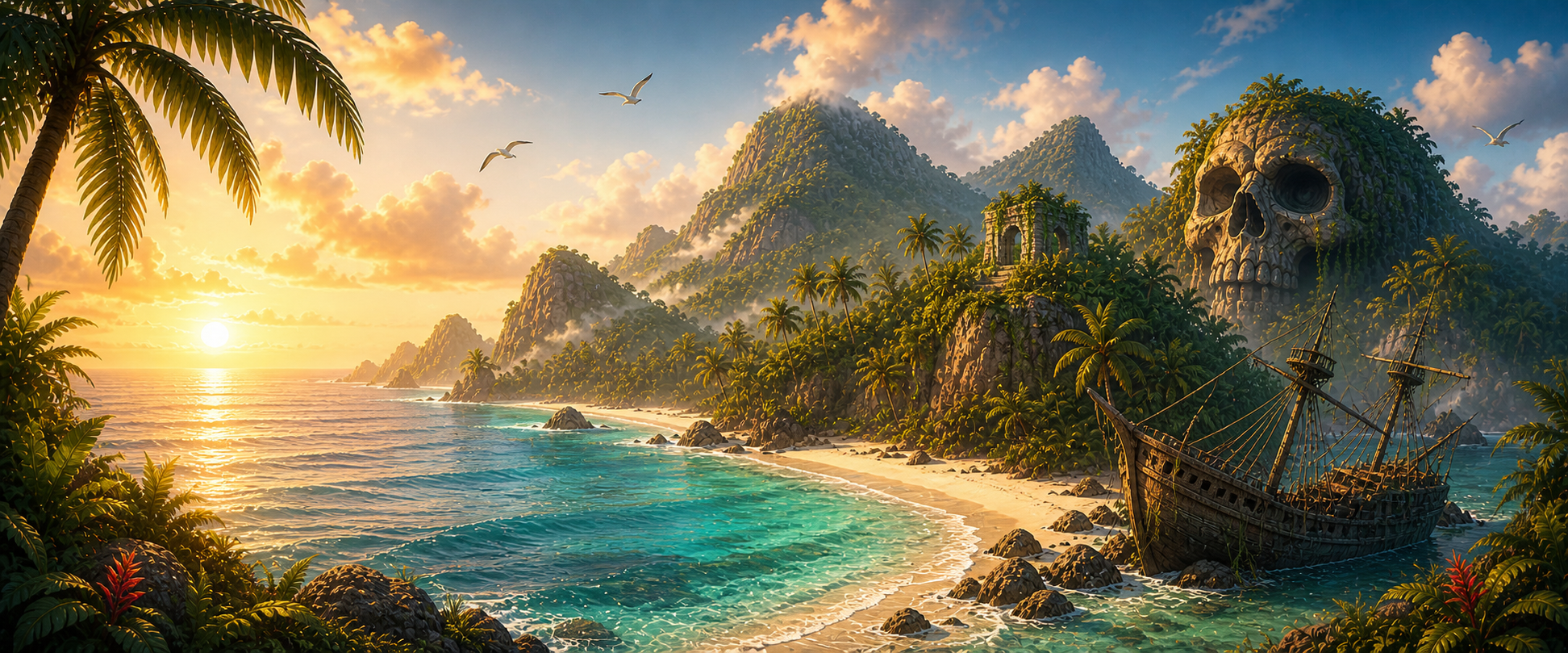 A rugged island rising from the ocean at sunset with birds in the sky