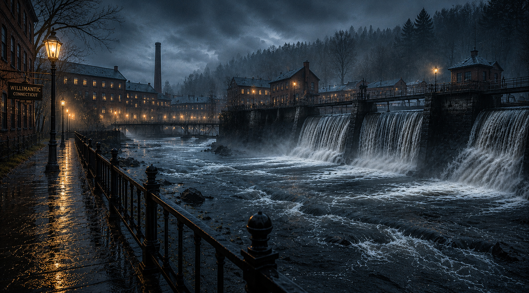 A foggy mill town at night with a river and dam