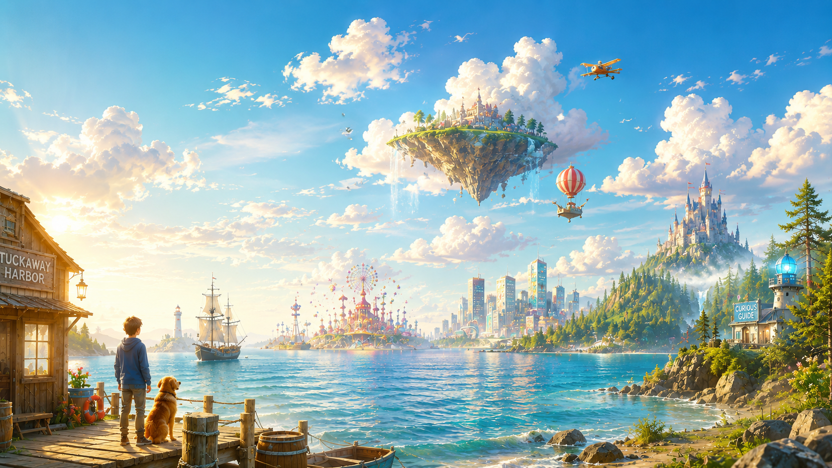 A cinematic landscape of multiple story worlds stretching toward the horizon