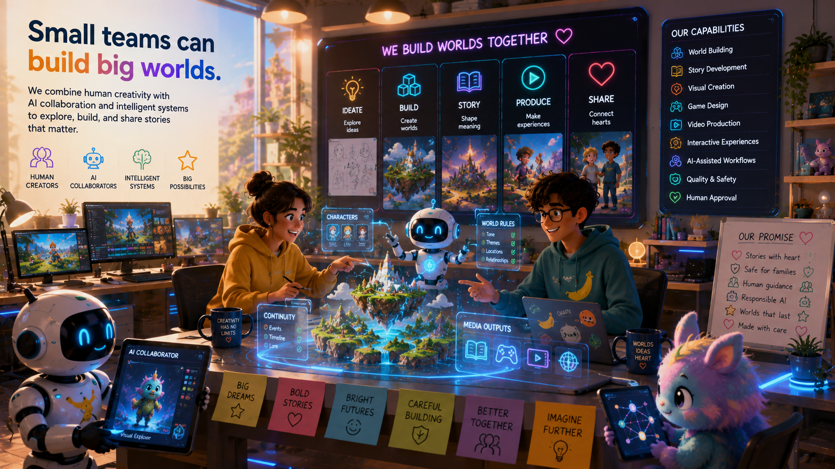 Small creative teams building expansive worlds through collaborative intelligence
