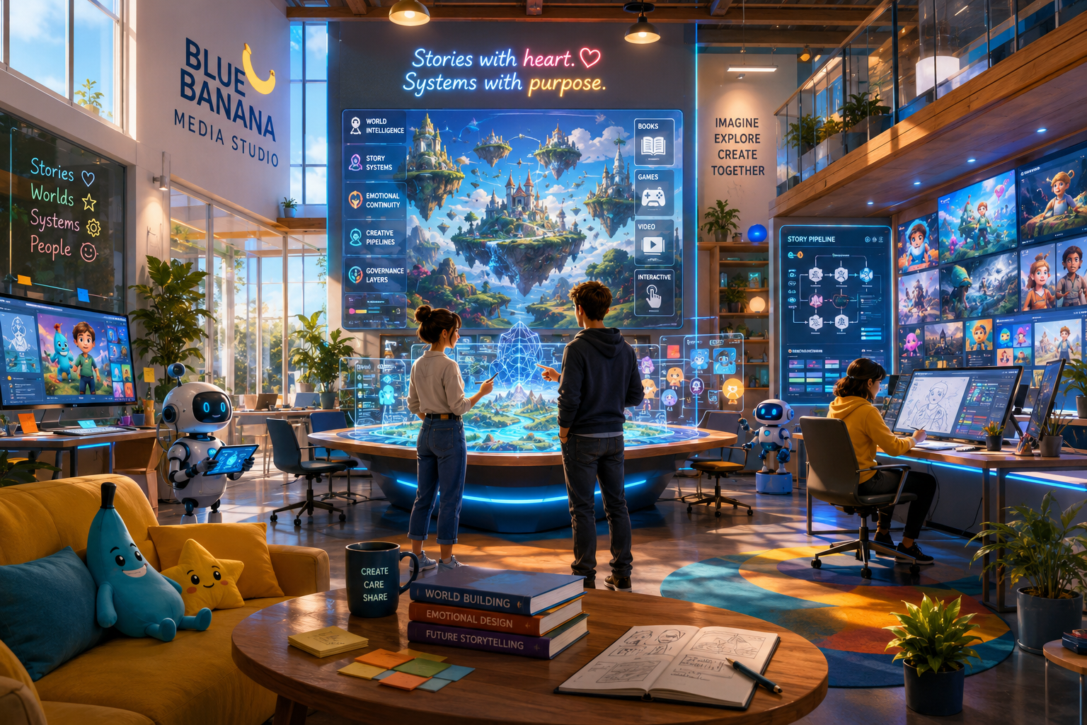 A bright modern creative systems workshop with warm cinematic lighting