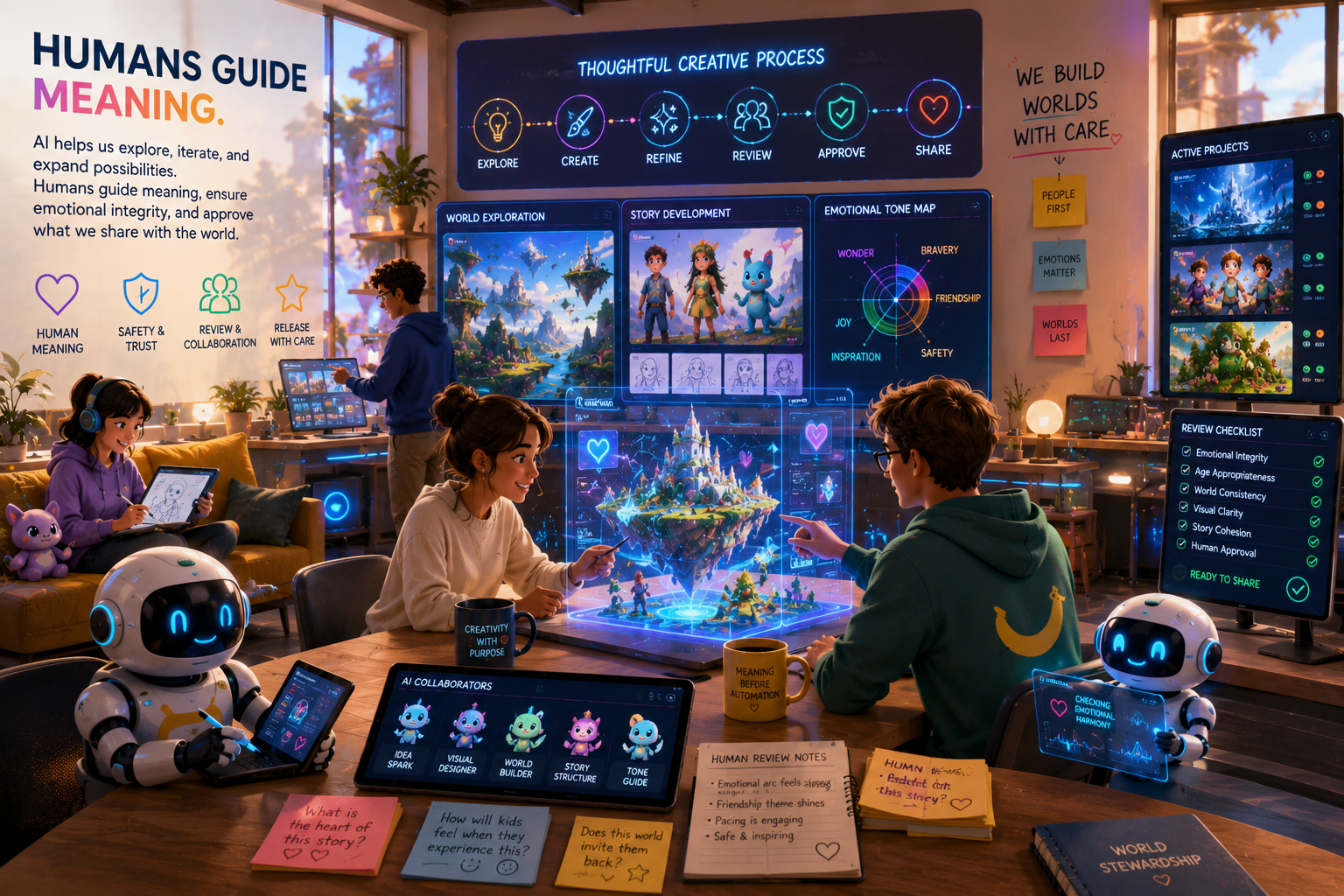 Human creators guiding AI systems with intentional creative direction