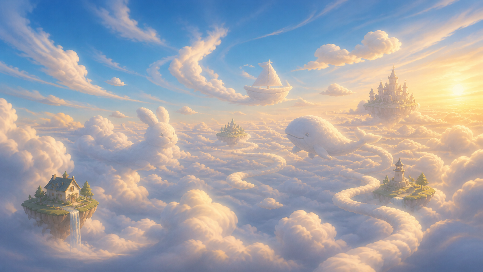 A soft cloud world with gentle formations