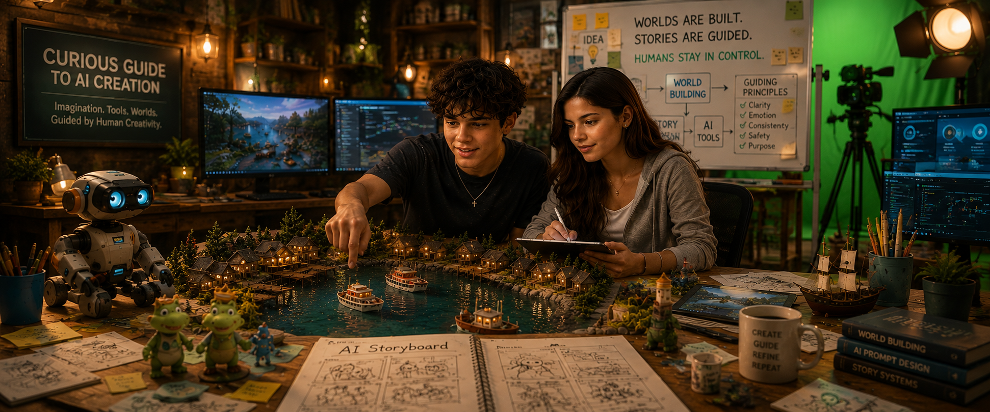 A creative worktable filled with miniatures, sketches, and prototyping tools