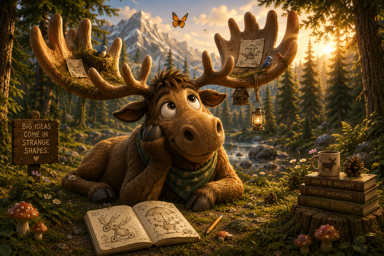 Moogly the Moose in a cozy forest with giant antlers, sketchbooks, and butterflies