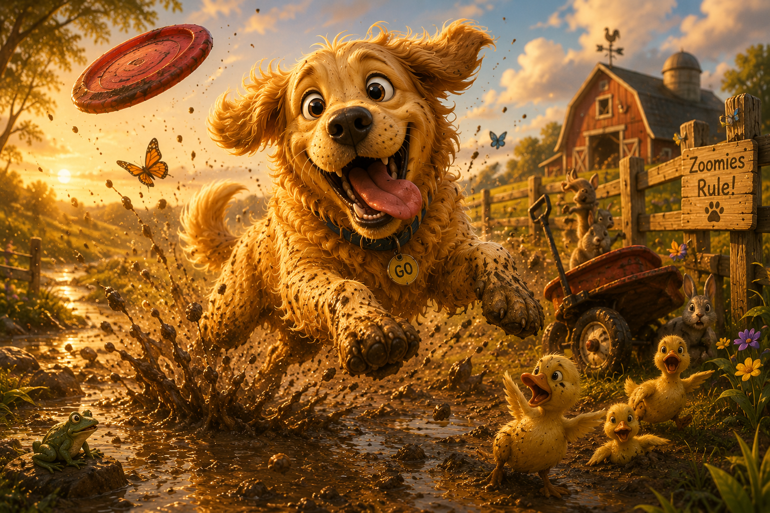 Rambunctious Golden racing joyfully through mud with frisbees flying