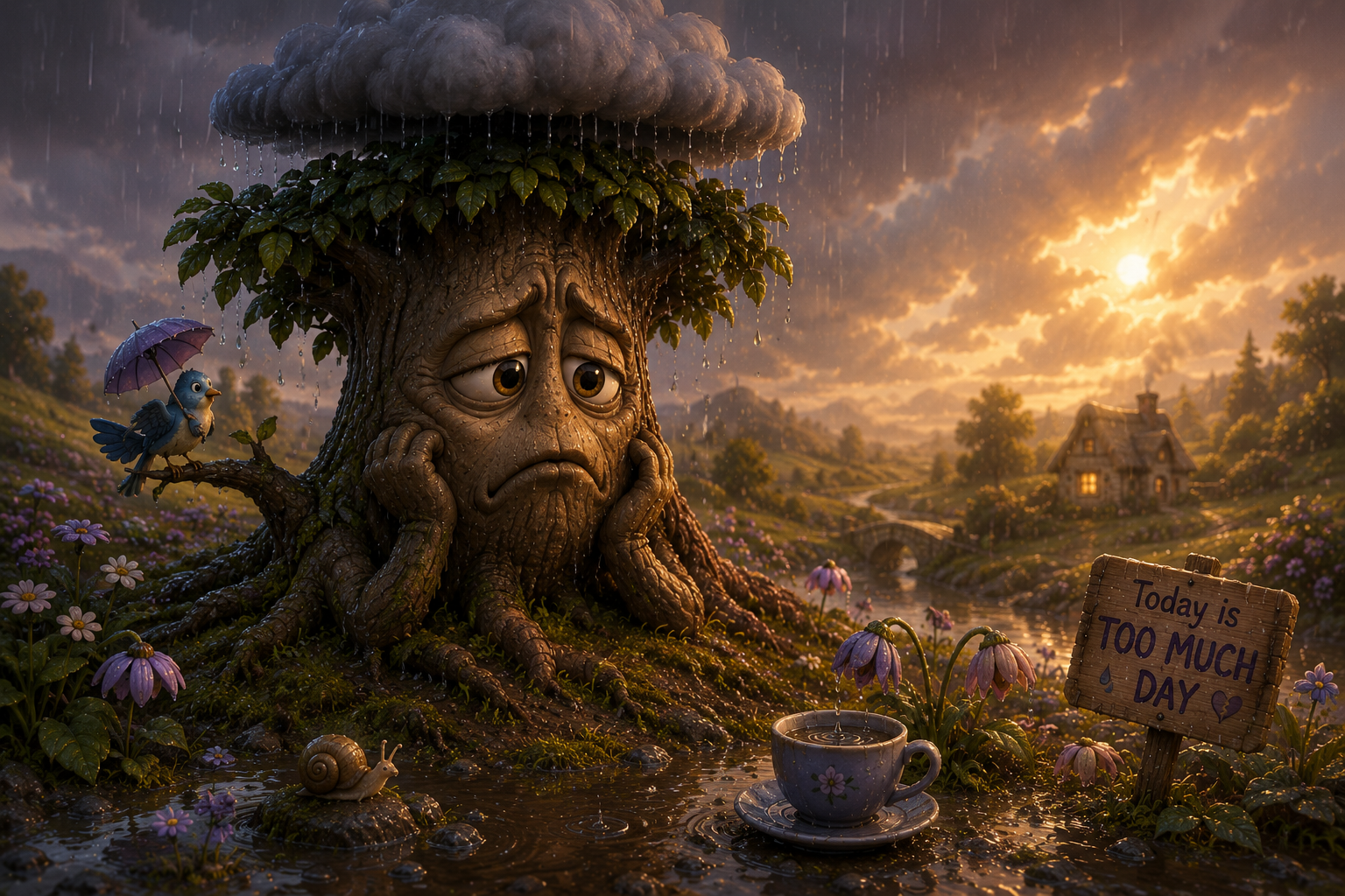 Sad Sad Tree beneath a tiny rain cloud in warm twilight with drooping flowers