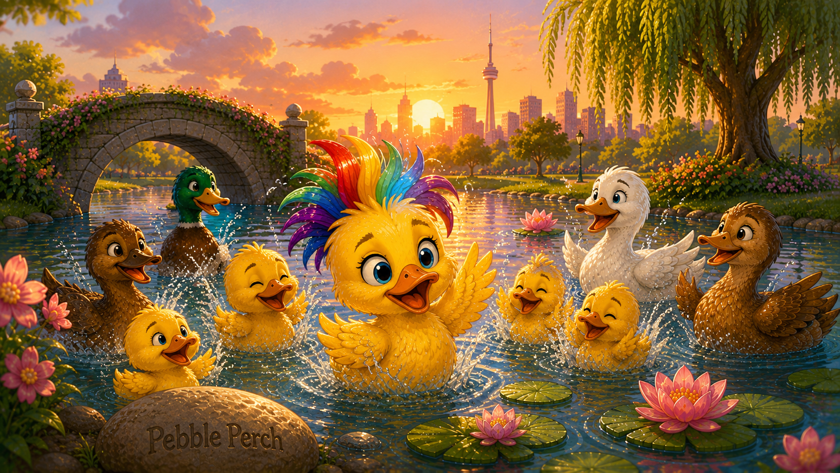 Ducks gathered at Rainbow Pond in warm sunset light with gentle water reflections