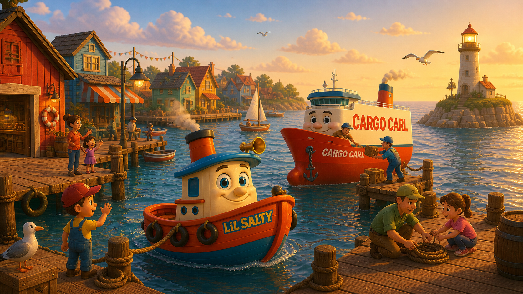 A warm harbor community scene with boats at dock