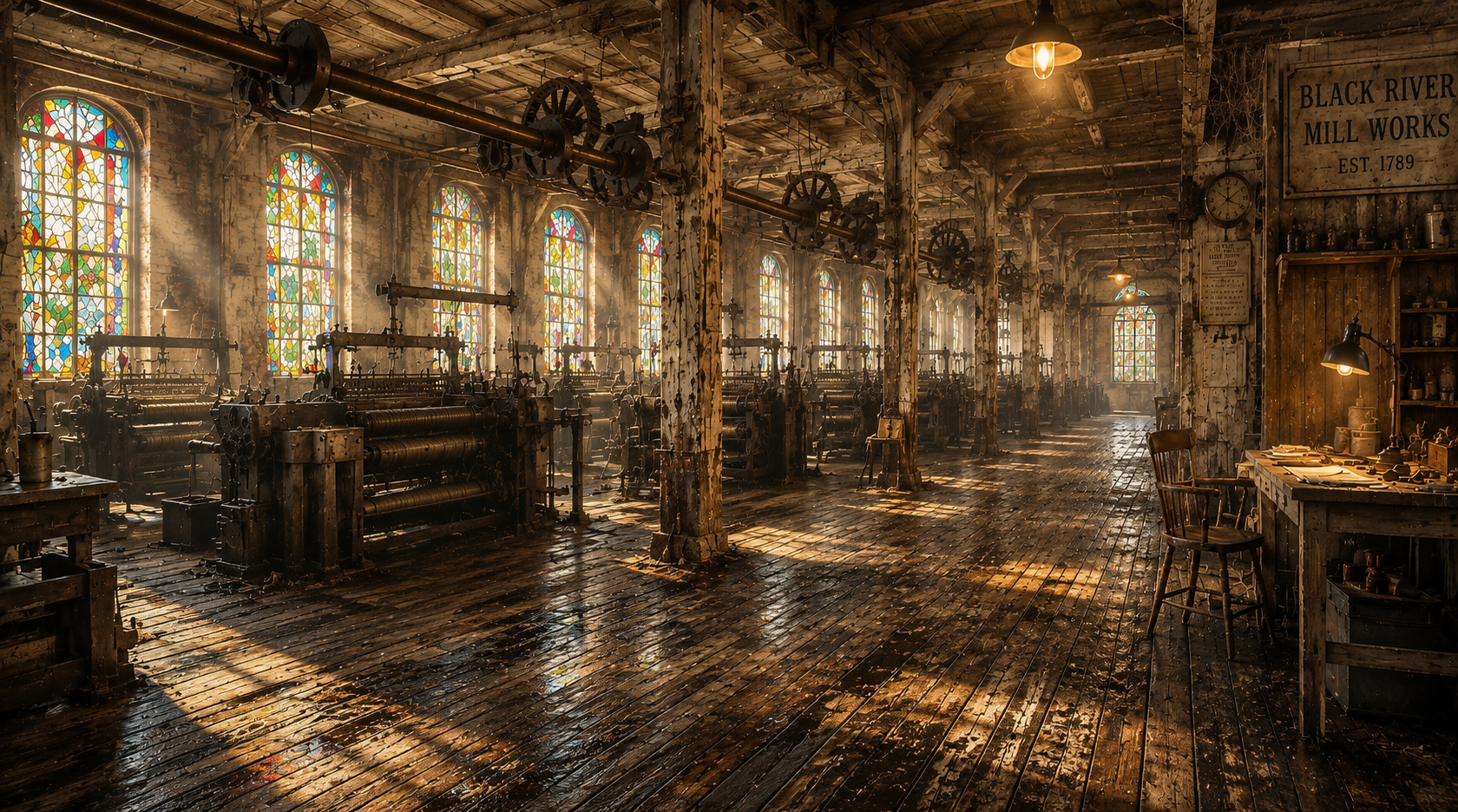 Interior of an old mill with machinery silhouettes and stained-glass lighting